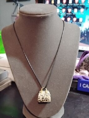 Dalmatian Stone Purse Pendant Necklace on Black Cord 18"
